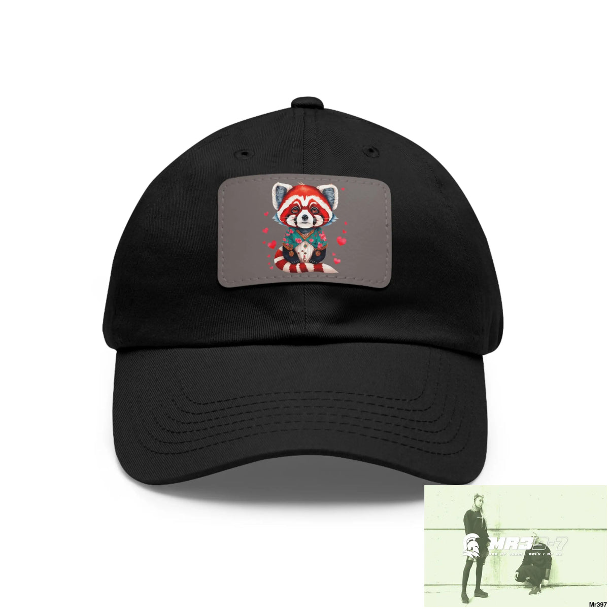 Cute Red Panda with Love hearts Dad Hat with Leather Patch (Rectangle) Black / Grey patch / Rectangle / One size Hats