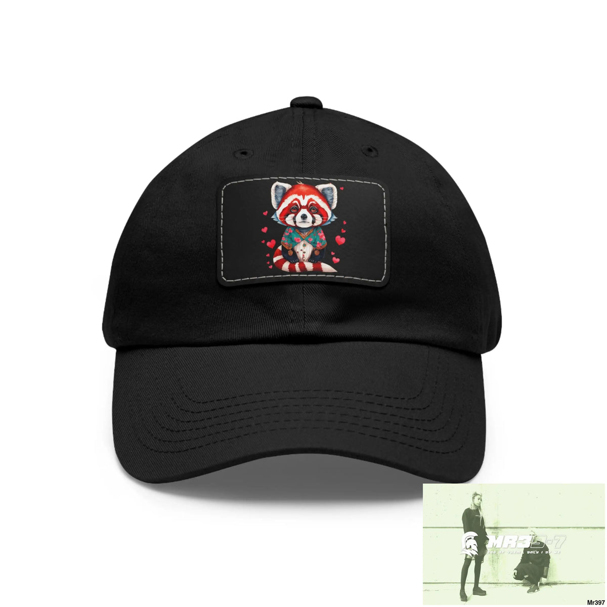 Cute Red Panda with Love hearts Dad Hat with Leather Patch (Rectangle) Black / Black patch / Rectangle / One size Hats