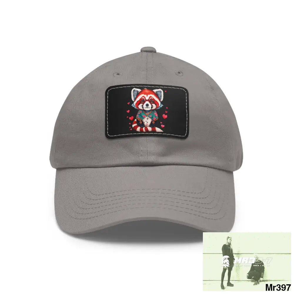 Cute Red Panda with Love hearts Dad Hat with Leather Patch (Rectangle) Grey / Black patch / Rectangle / One size Hats