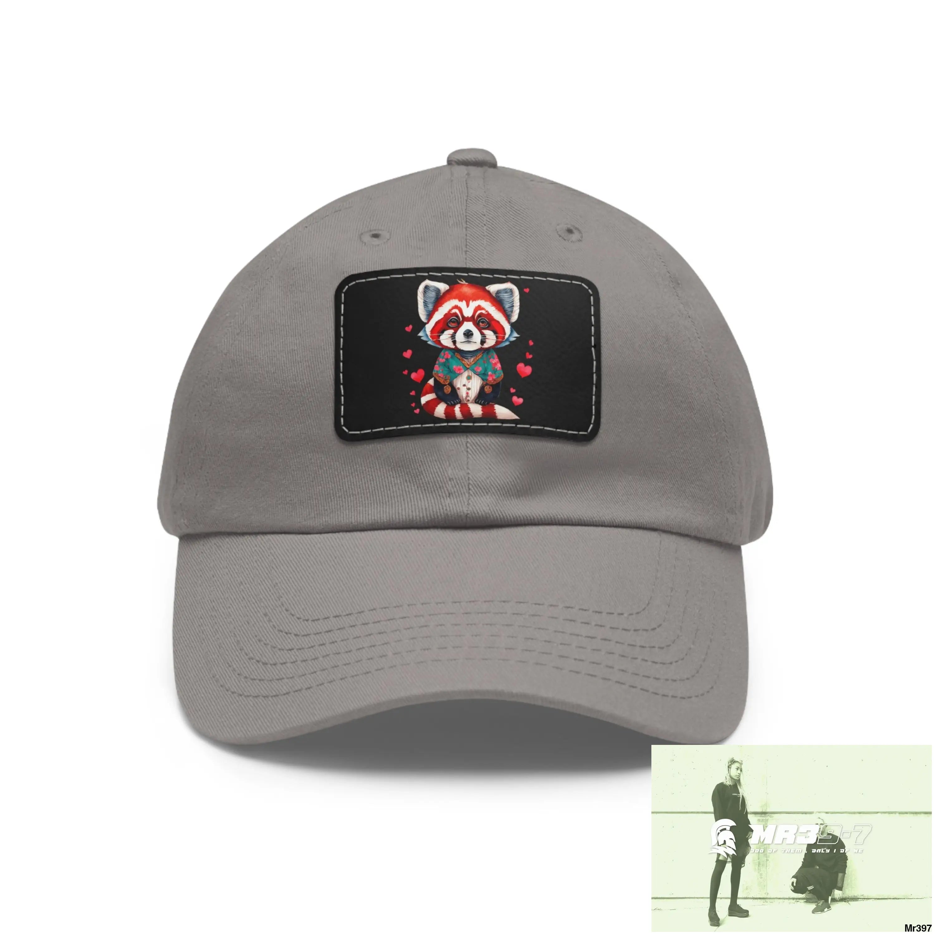 Cute Red Panda with Love hearts Dad Hat with Leather Patch (Rectangle) Grey / Black patch / Rectangle / One size Hats