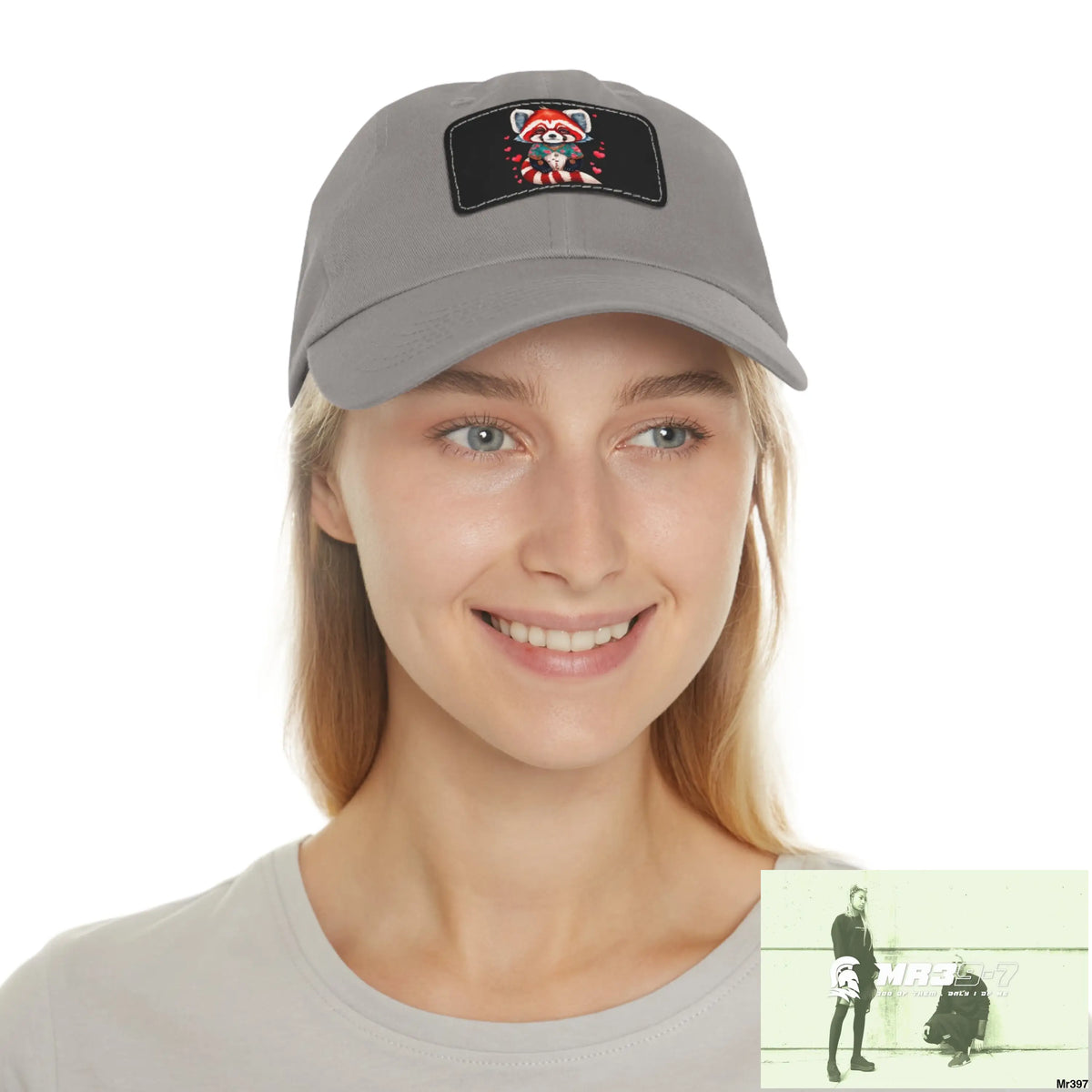 Cute Red Panda with Love hearts Dad Hat with Leather Patch (Rectangle) Hats