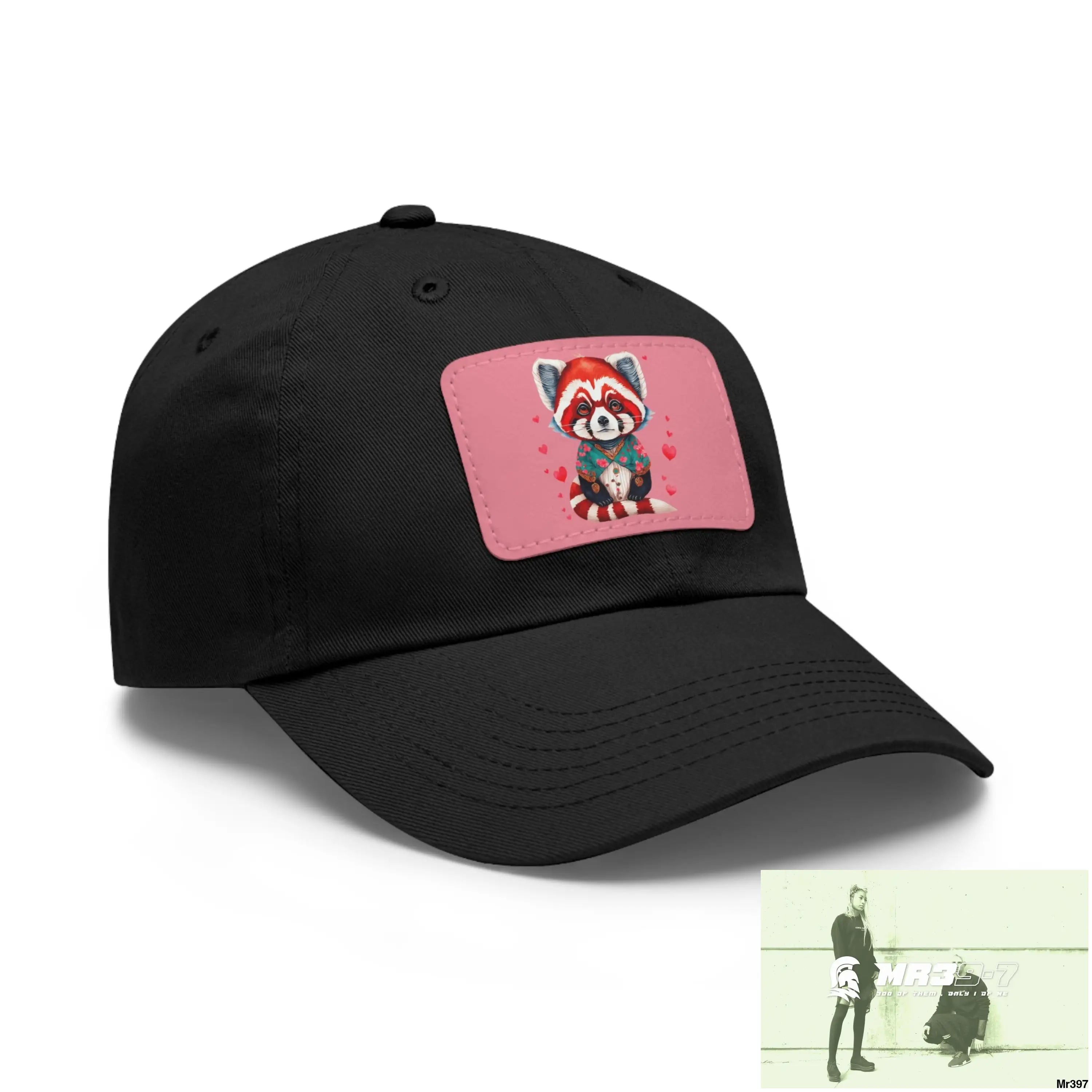 Cute Red Panda with Love hearts Dad Hat with Leather Patch (Rectangle) Hats