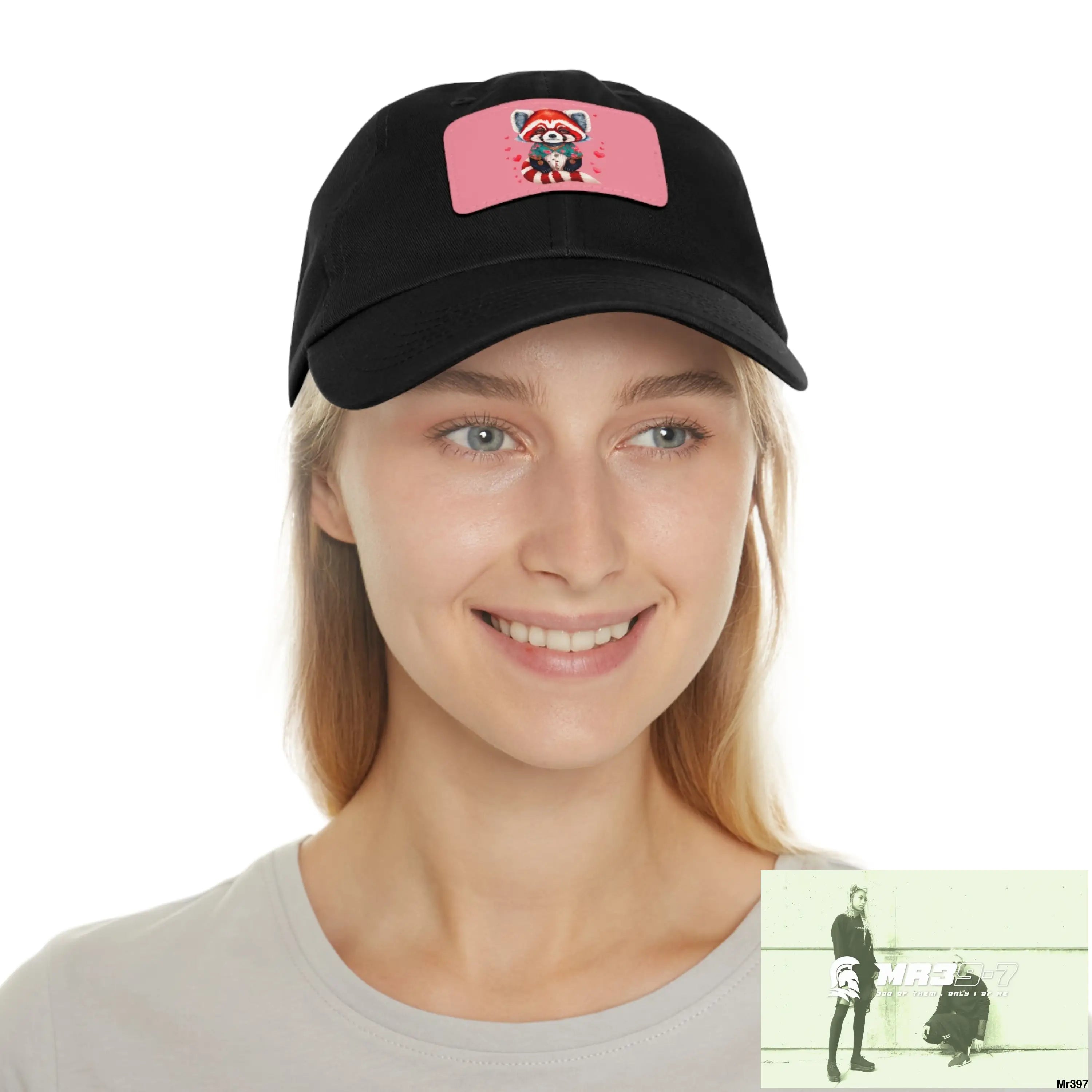 Cute Red Panda with Love hearts Dad Hat with Leather Patch (Rectangle) Hats