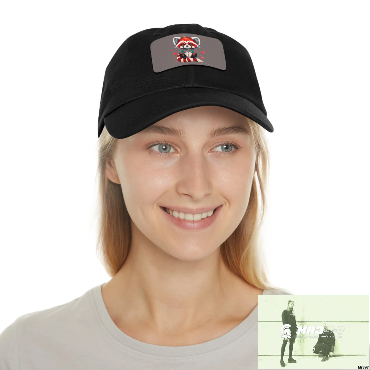 Cute Red Panda with Love hearts Dad Hat with Leather Patch (Rectangle) Hats