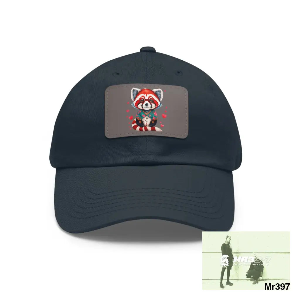 Cute Red Panda with Love hearts Dad Hat with Leather Patch (Rectangle) Navy / Grey patch / Rectangle / One size Hats