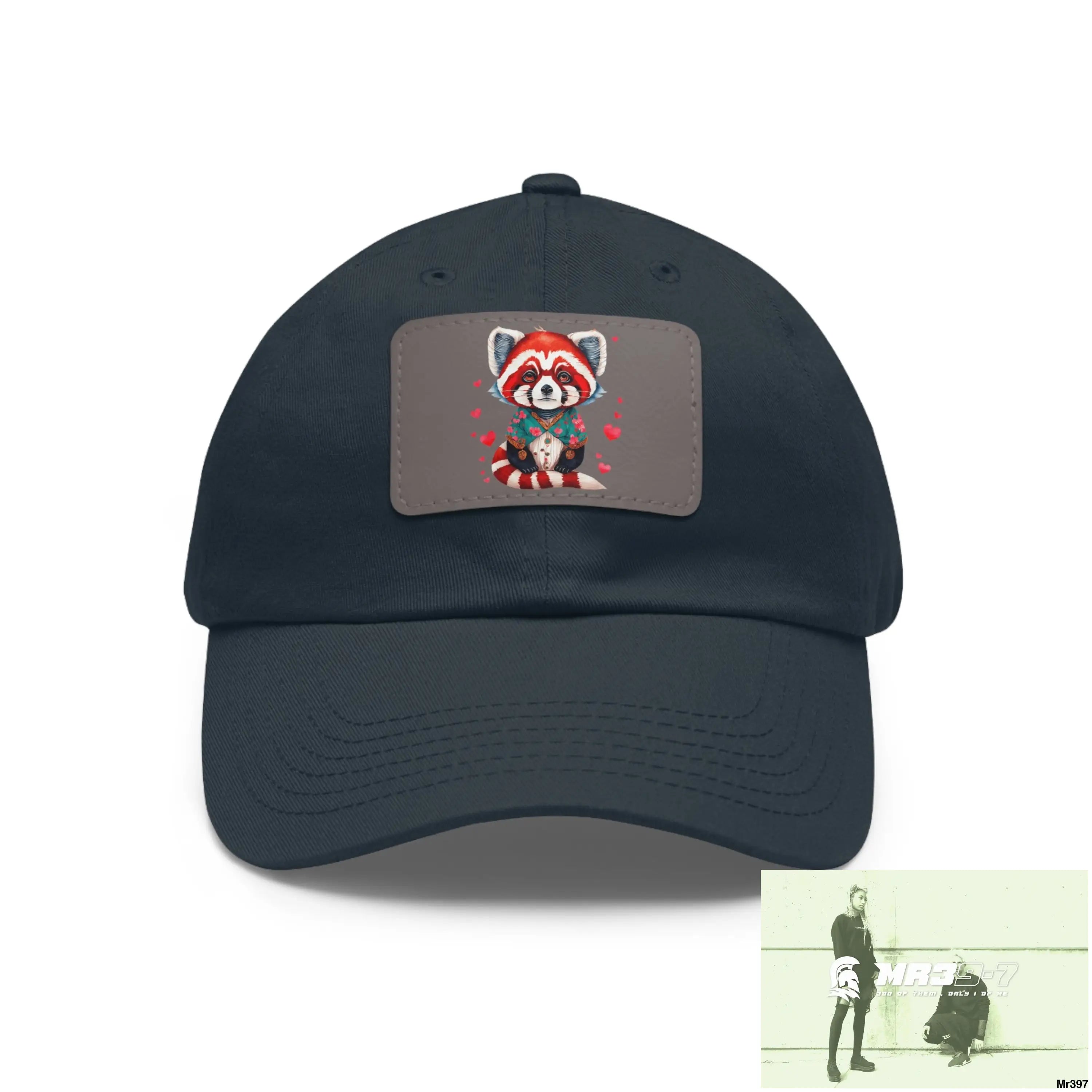 Cute Red Panda with Love hearts Dad Hat with Leather Patch (Rectangle) Navy / Grey patch / Rectangle / One size Hats