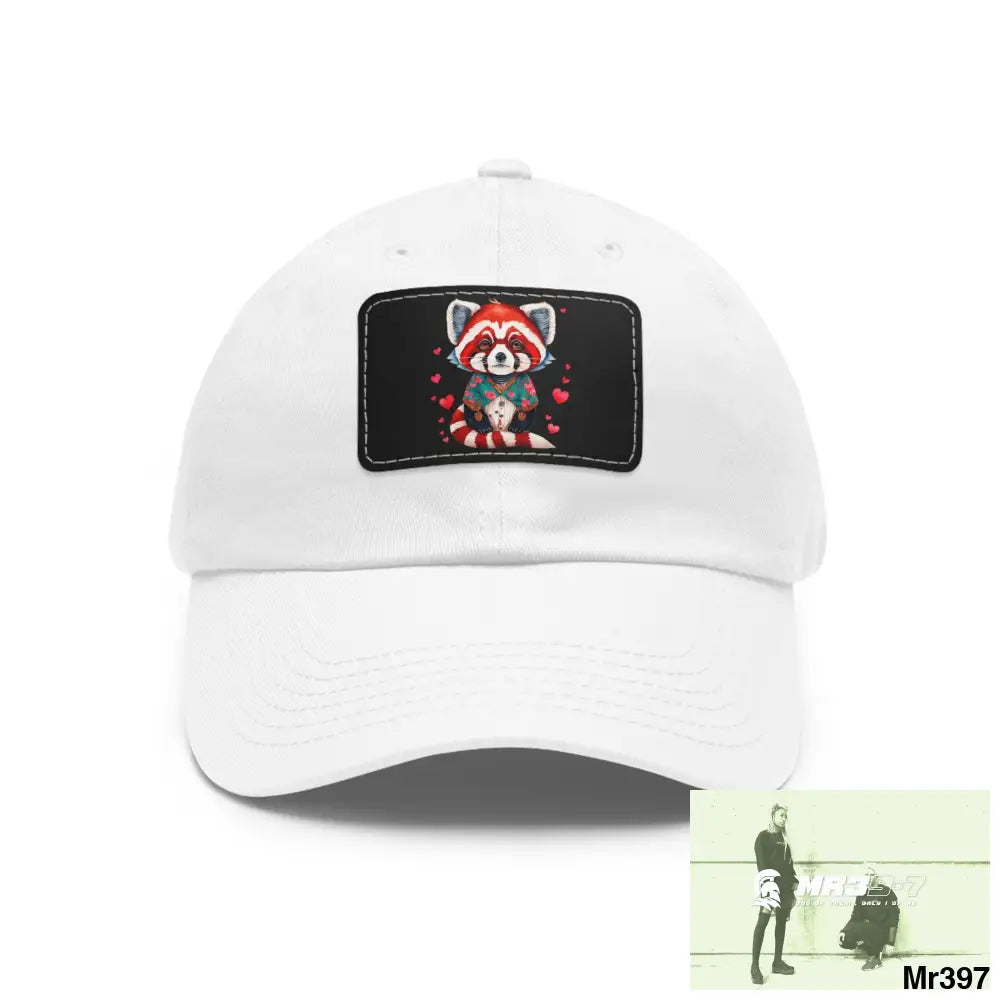 Cute Red Panda with Love hearts Dad Hat with Leather Patch (Rectangle) White / Black patch / Rectangle / One size Hats