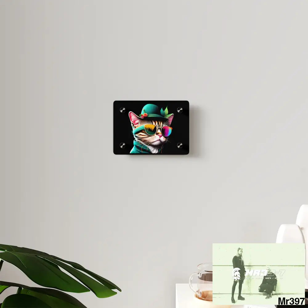 Dancing Cat with Sunglasses and Hat acrylic Art Panels Home Decor