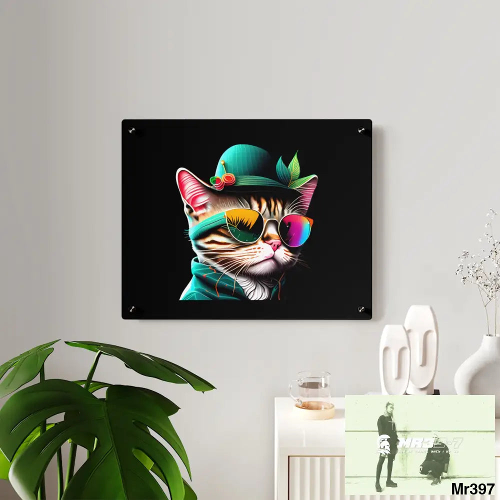 Dancing Cat with Sunglasses and Hat acrylic Art Panels Home Decor