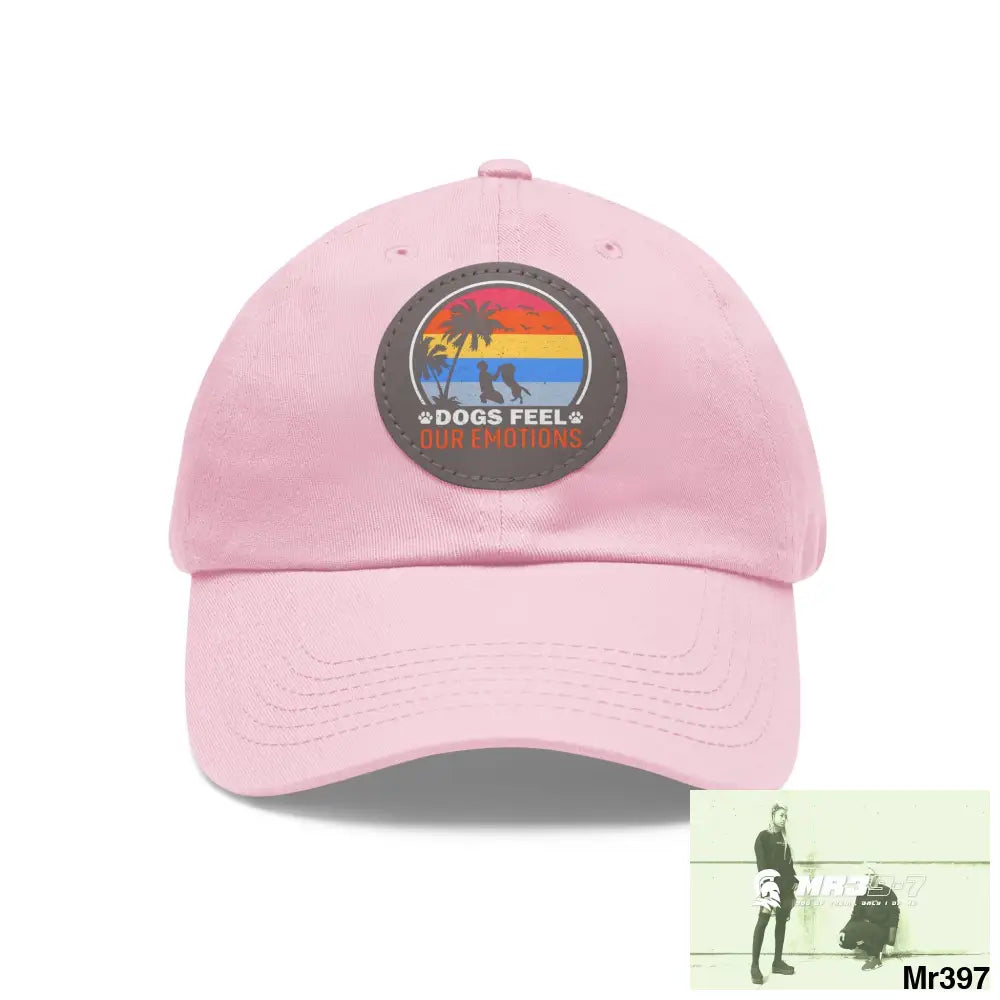 Dogs feel emotions Dad Hat with Leather Patch (Round) Light Pink / Grey patch / Circle / One size Hats