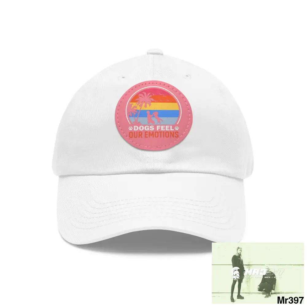 Dogs feel emotions Dad Hat with Leather Patch (Round) White / Pink patch / Circle / One size Hats