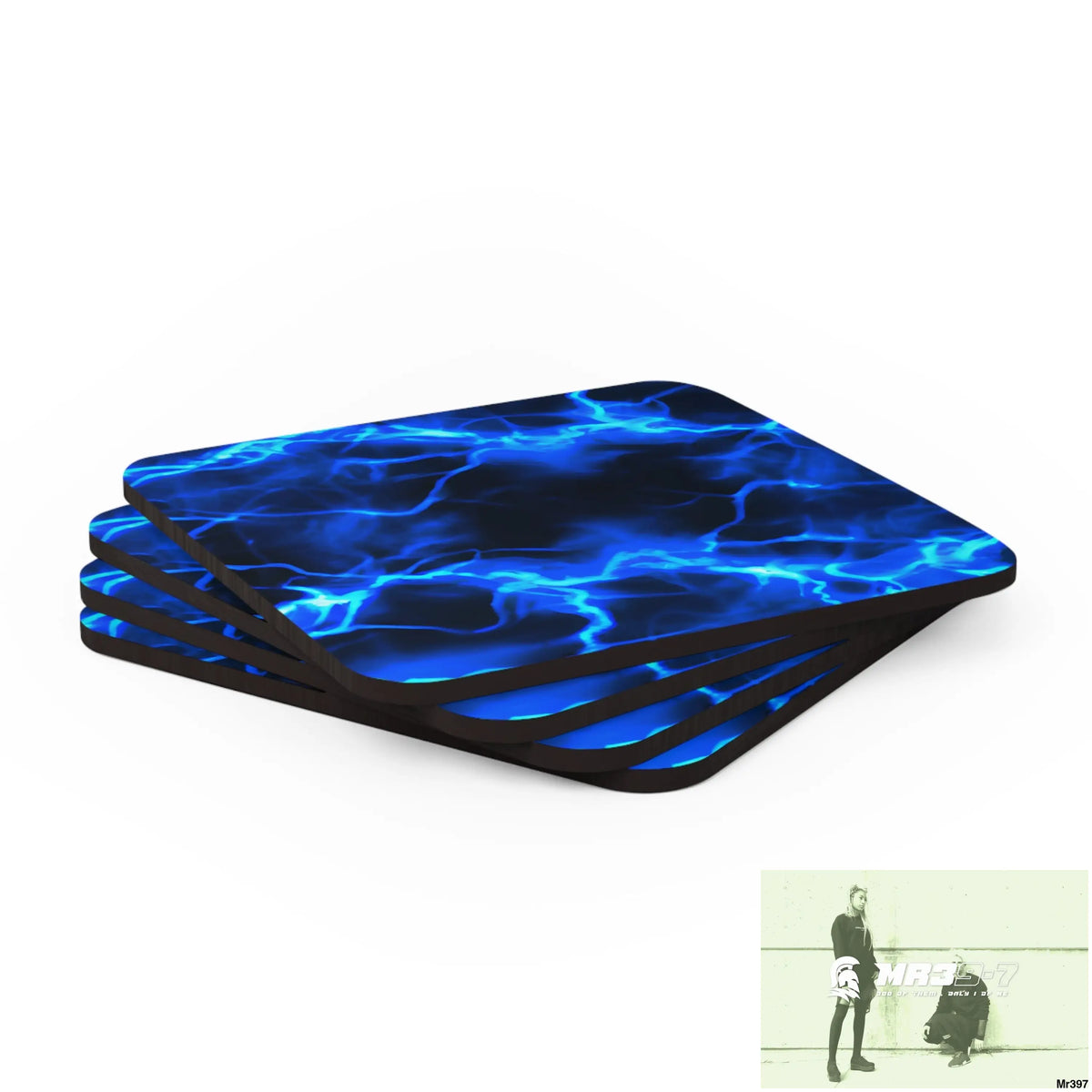 Electric Blue Lightening Corkwood Coaster Set Cork / 3.75’’ × 3.75’’ / Square Home Decor