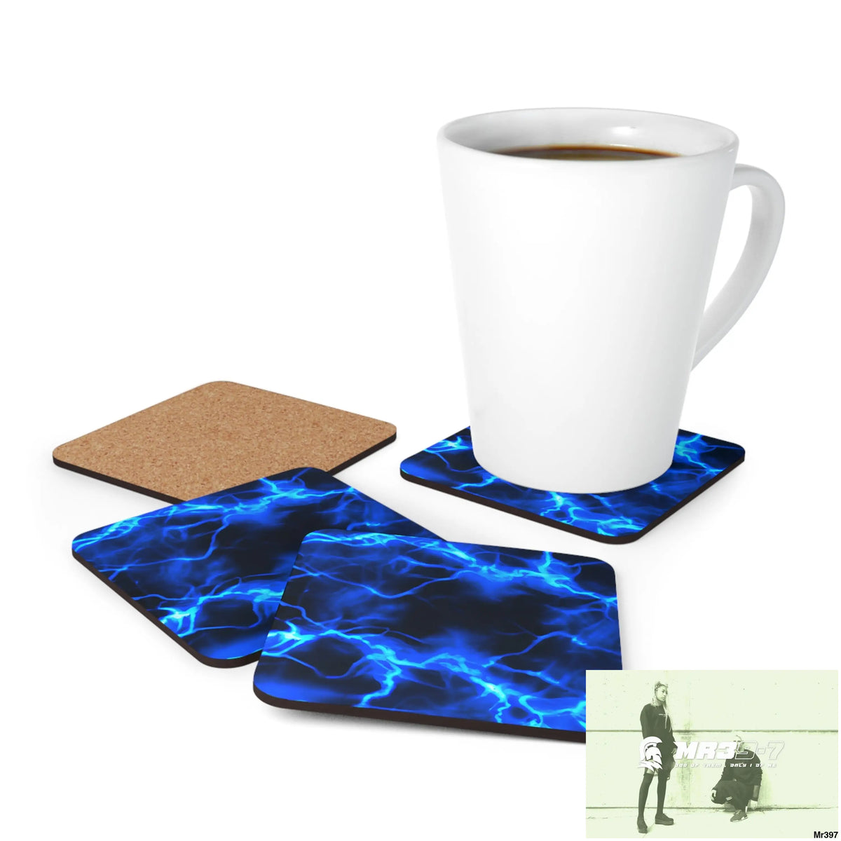 Electric Blue Lightening Corkwood Coaster Set Cork / 3.75’’ × 3.75’’ / Square Home Decor