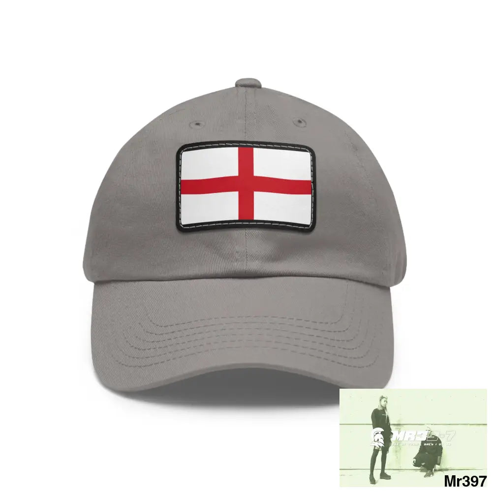 England Dad Hat with Leather Patch (Rectangle) Grey / Black patch / Rectangle / One size Hats