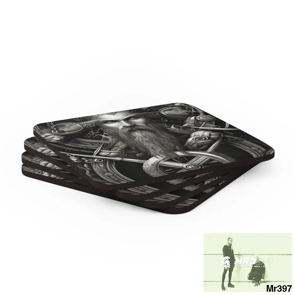 Fantasy Viking Trident Warrior Corkwood Coaster Set Cork / 3.75’’ × 3.75’’ / Square Home Decor