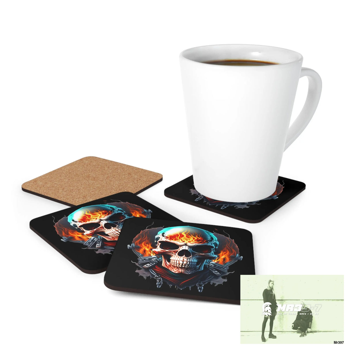 Flaming biker Skull Corkwood Coaster Set Cork / 3.75’’ × 3.75’’ / Square Home Decor