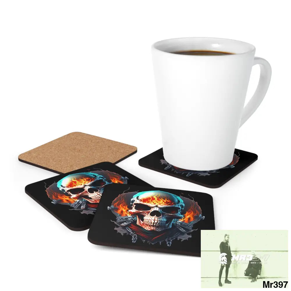 Flaming biker Skull Corkwood Coaster Set Cork / 3.75’’ × 3.75’’ / Square Home Decor