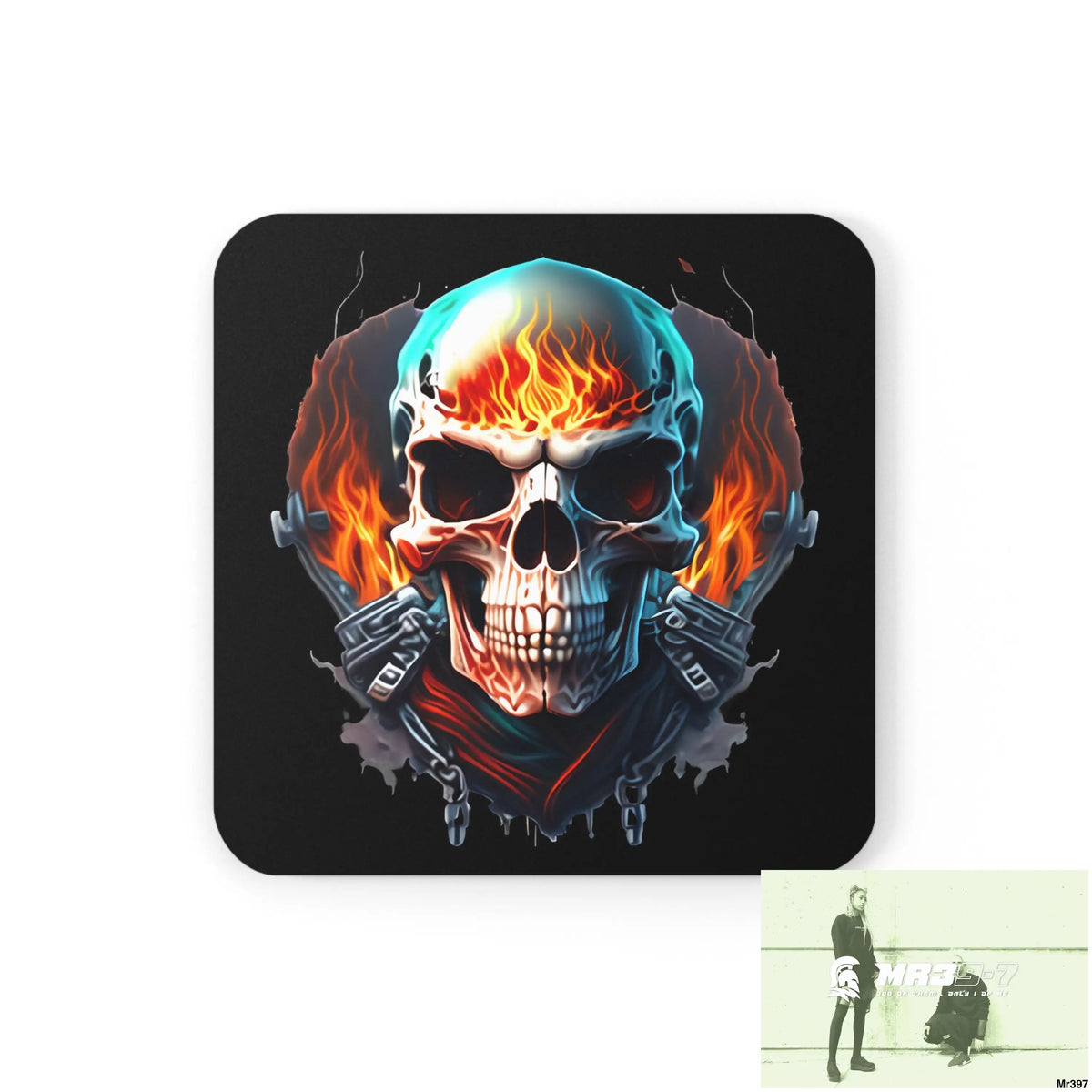 Flaming biker Skull Corkwood Coaster Set Cork / 3.75’’ × 3.75’’ / Square Home Decor
