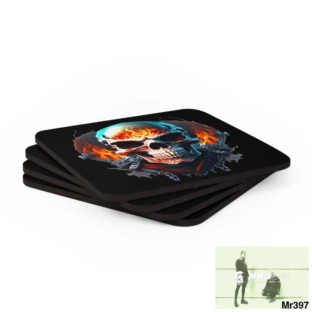 Flaming biker Skull Corkwood Coaster Set Cork / 3.75’’ × 3.75’’ / Square Home Decor