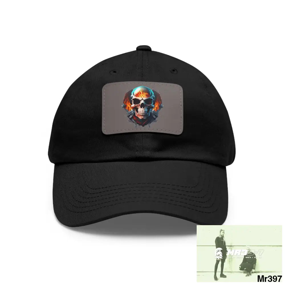 Flaming Biker Skull Dad Hat with Leather Patch (Rectangle) Black / Grey patch / Rectangle / One size Hats