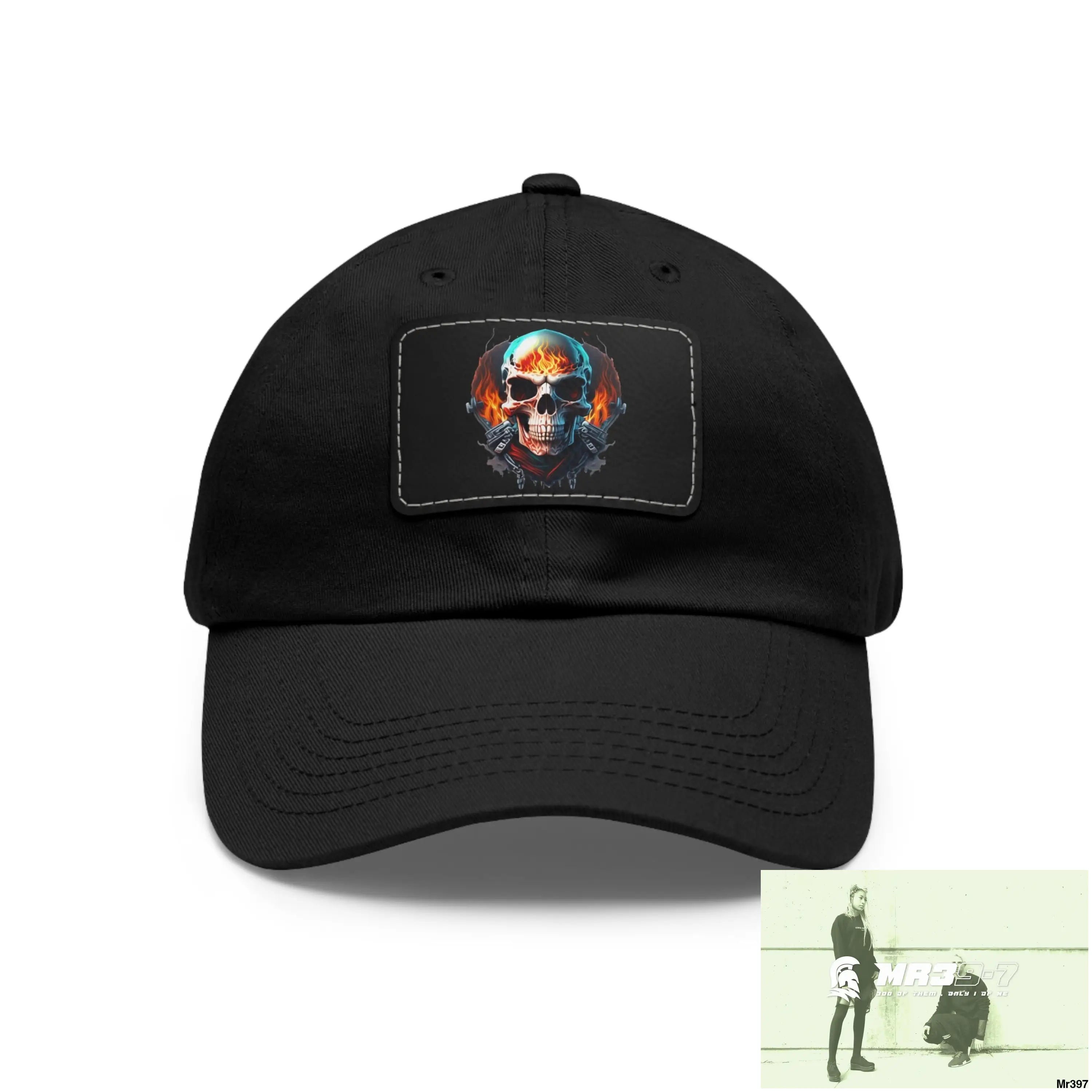 Flaming Biker Skull Dad Hat with Leather Patch (Rectangle) Black / Black patch / Rectangle / One size Hats