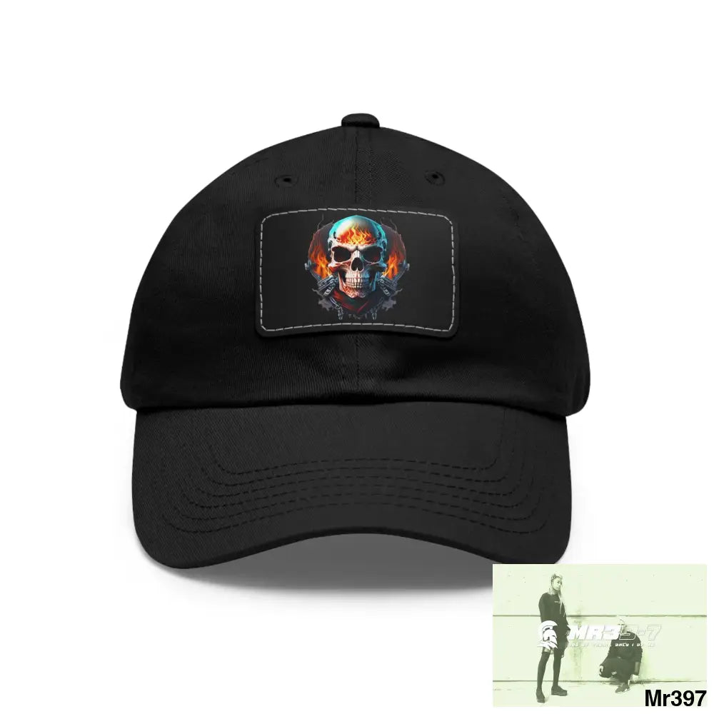 Flaming Biker Skull Dad Hat with Leather Patch (Rectangle) Black / Black patch / Rectangle / One size Hats