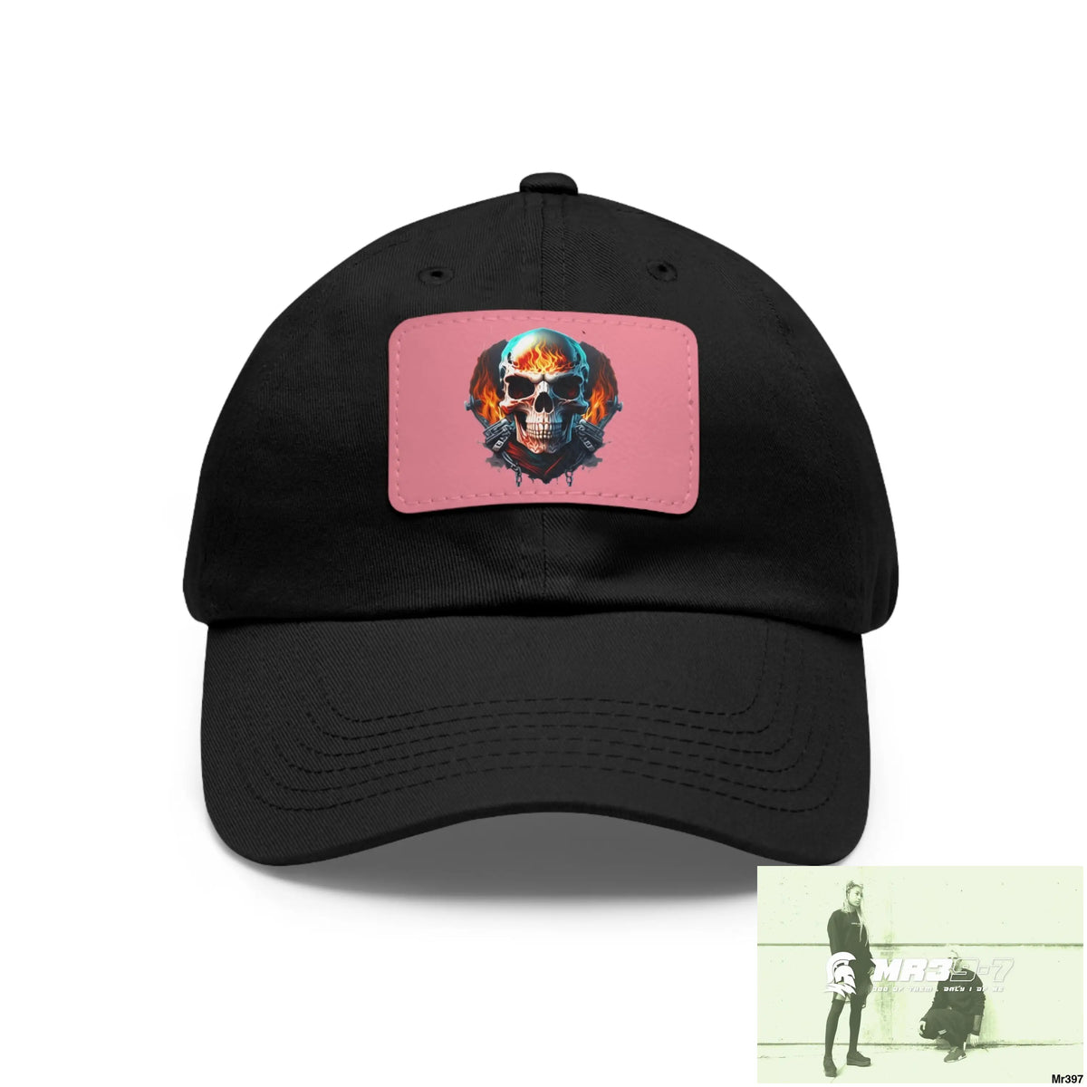 Flaming Biker Skull Dad Hat with Leather Patch (Rectangle) Black / Pink patch / Rectangle / One size Hats
