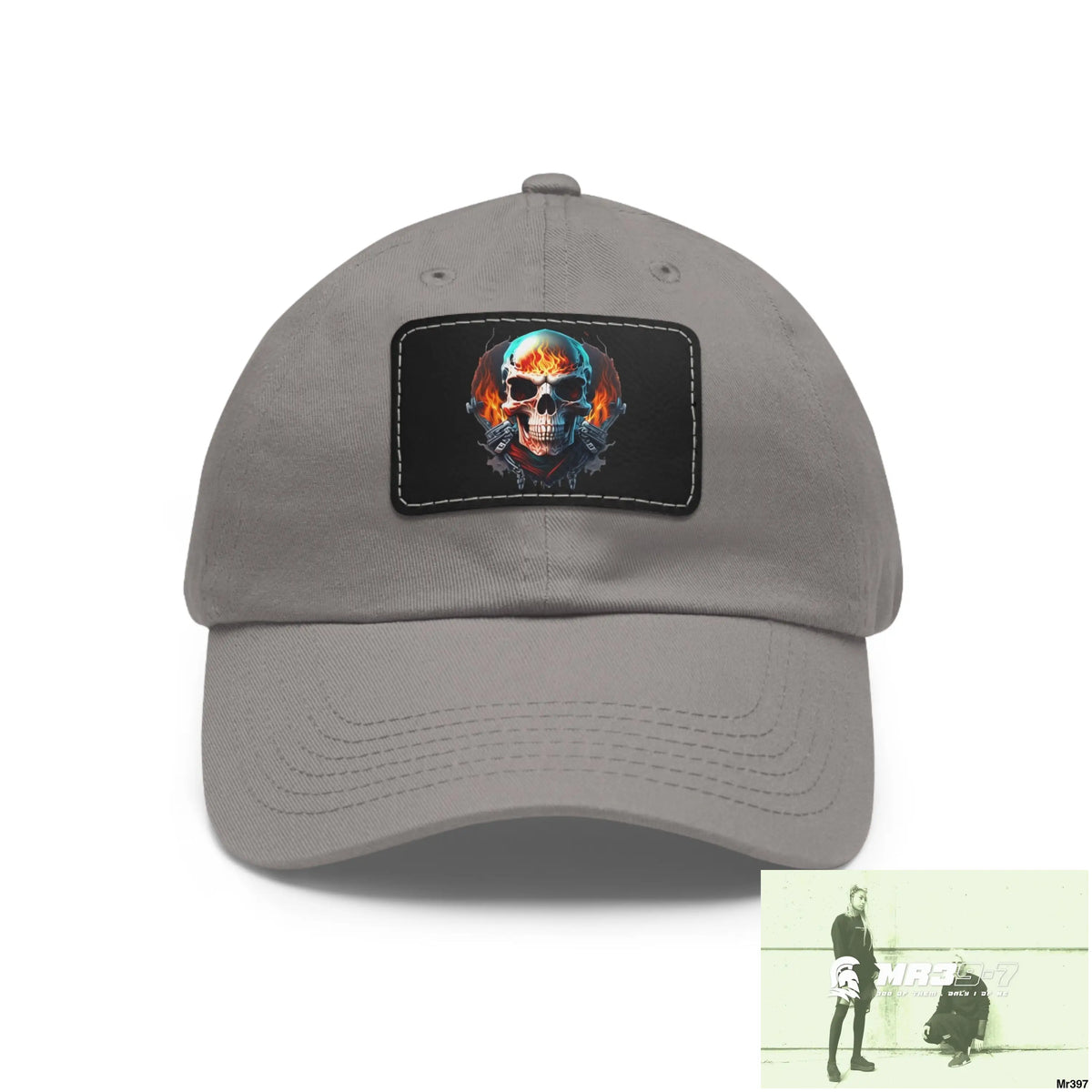 Flaming Biker Skull Dad Hat with Leather Patch (Rectangle) Grey / Black patch / Rectangle / One size Hats