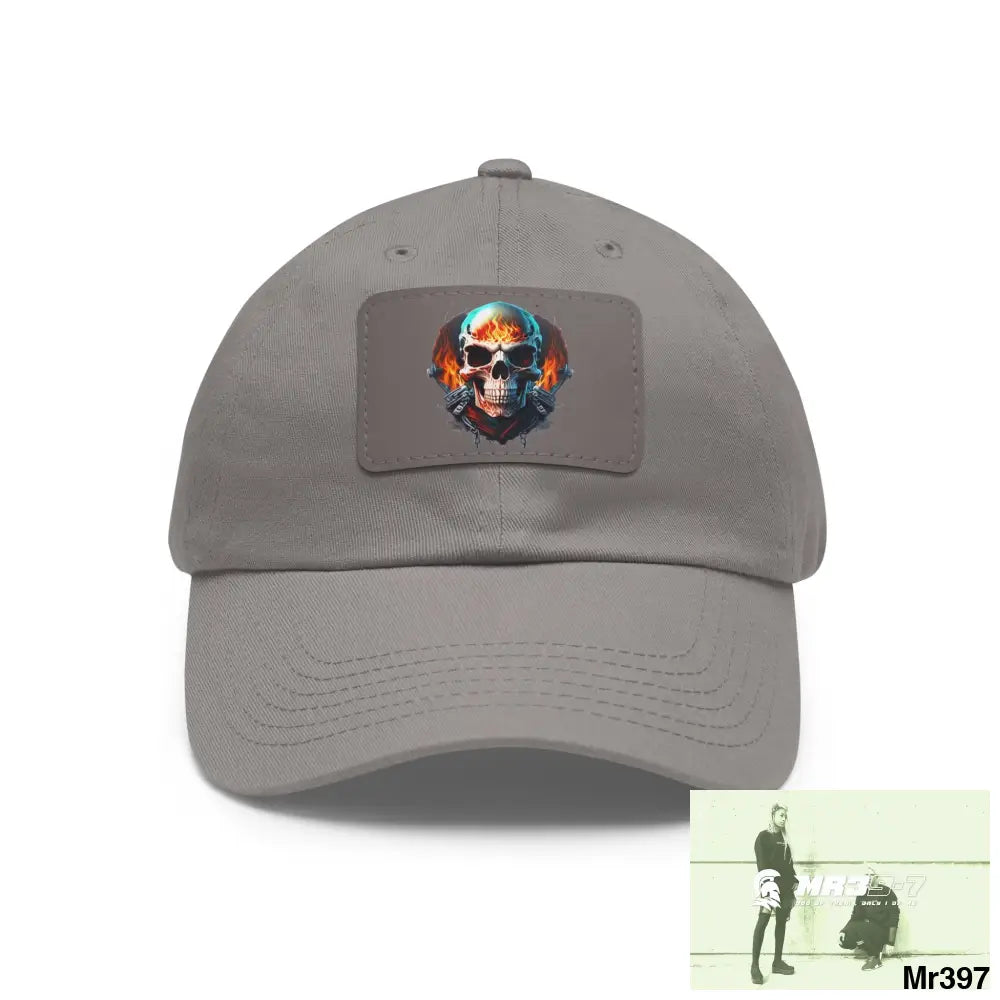 Flaming Biker Skull Dad Hat with Leather Patch (Rectangle) Grey / Grey patch / Rectangle / One size Hats