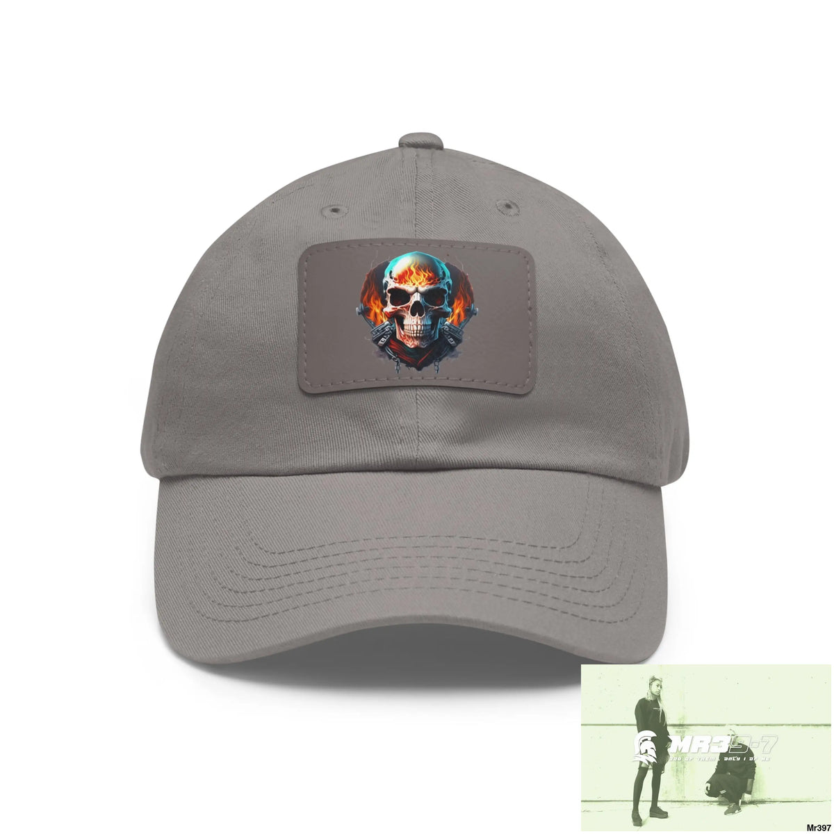 Flaming Biker Skull Dad Hat with Leather Patch (Rectangle) Grey / Grey patch / Rectangle / One size Hats