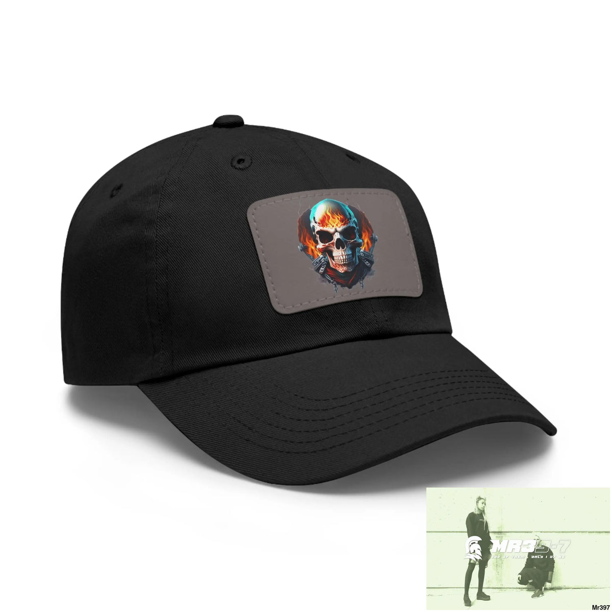 Flaming Biker Skull Dad Hat with Leather Patch (Rectangle) Hats