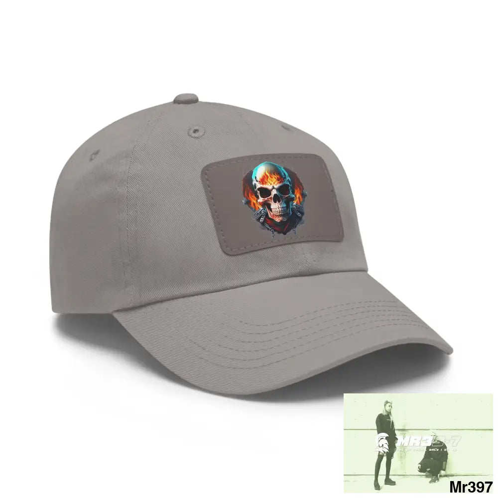 Flaming Biker Skull Dad Hat with Leather Patch (Rectangle) Hats