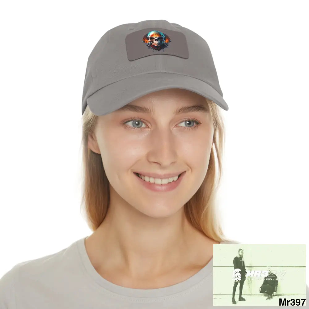 Flaming Biker Skull Dad Hat with Leather Patch (Rectangle) Hats