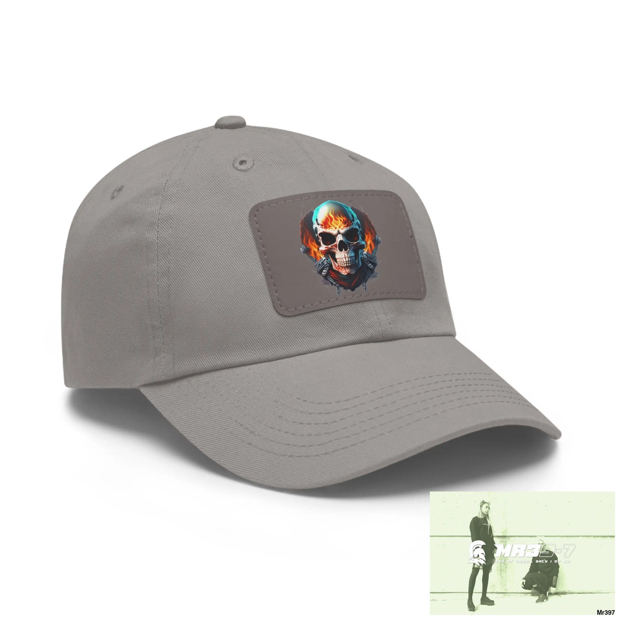 Flaming Biker Skull Dad Hat with Leather Patch (Rectangle) Hats