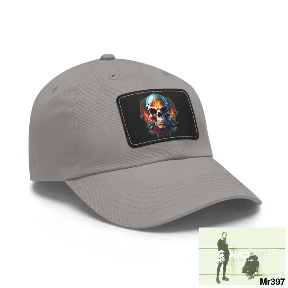 Flaming Biker Skull Dad Hat with Leather Patch (Rectangle) Hats
