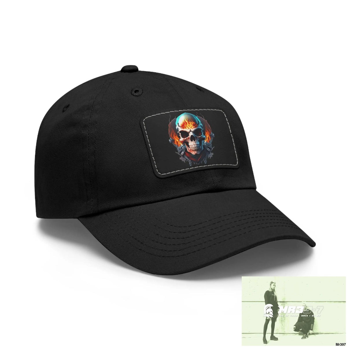 Flaming Biker Skull Dad Hat with Leather Patch (Rectangle) Hats