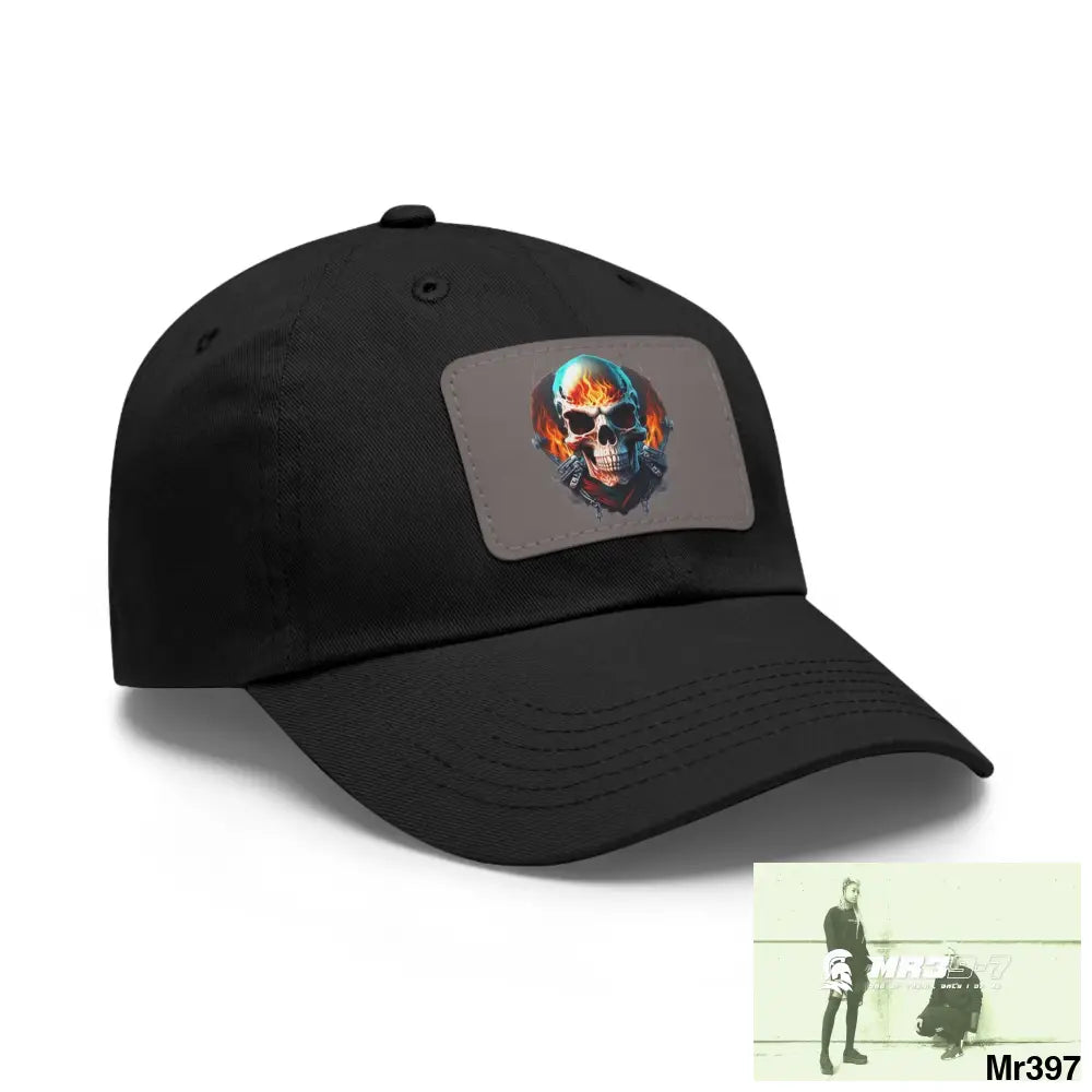 Flaming Biker Skull Dad Hat with Leather Patch (Rectangle) Hats