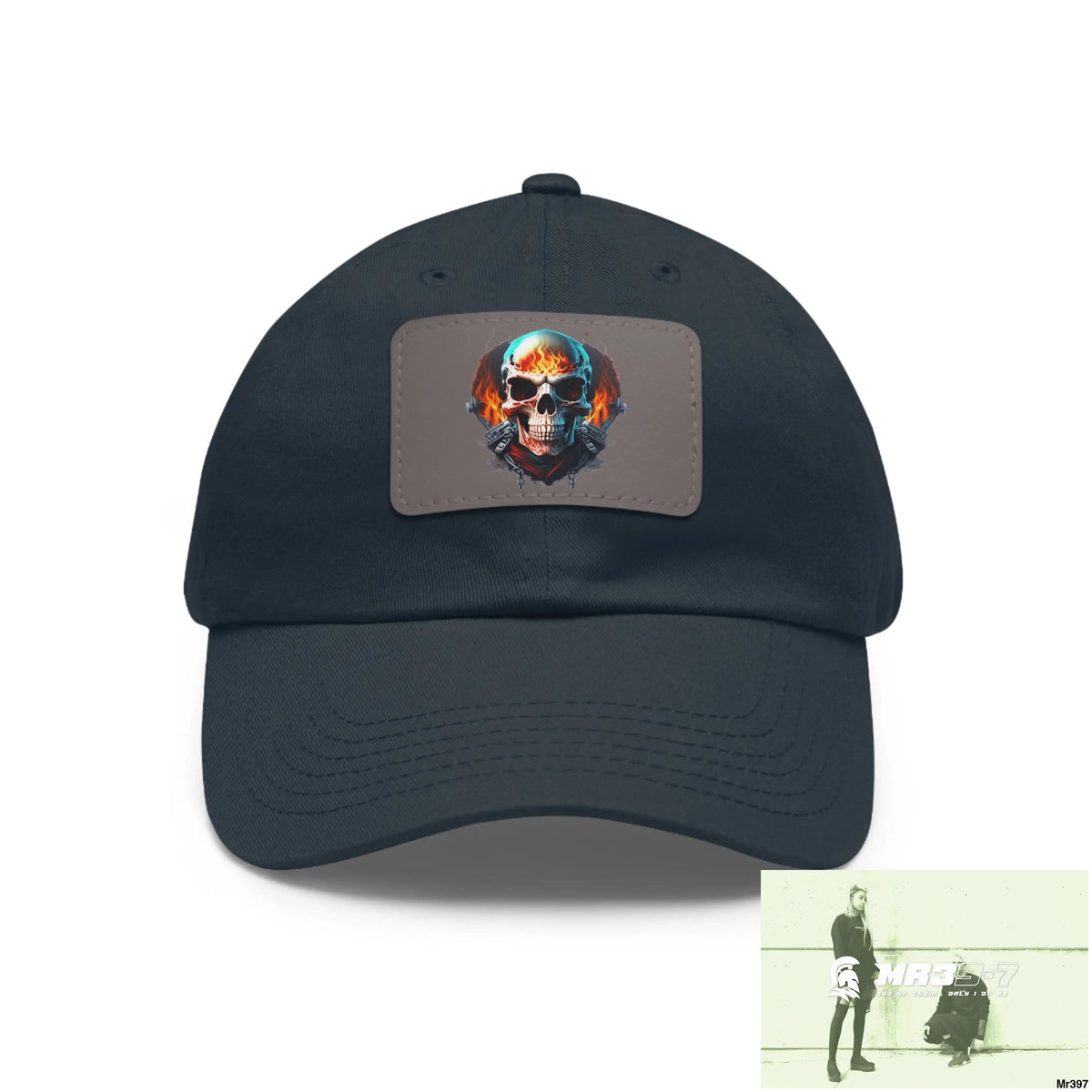Flaming Biker Skull Dad Hat with Leather Patch (Rectangle) Navy / Grey patch / Rectangle / One size Hats