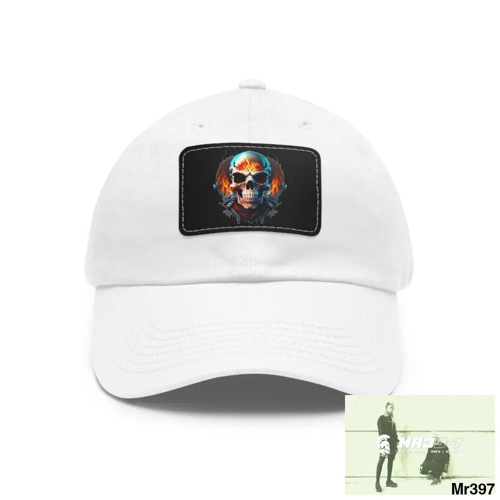 Flaming Biker Skull Dad Hat with Leather Patch (Rectangle) White / Black patch / Rectangle / One size Hats