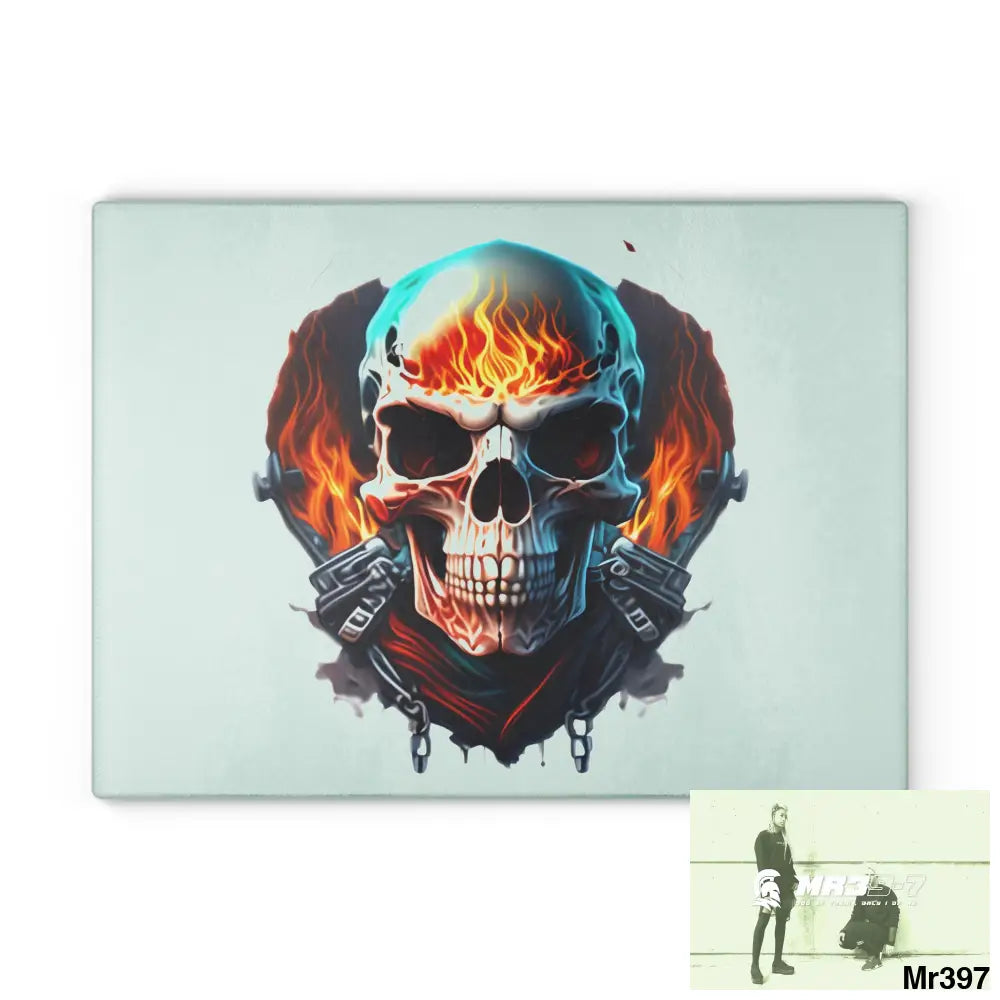 Flaming biker Skull Graphic Glass Cutting Board 11’’ x 15’’ / Rectangle Home Decor