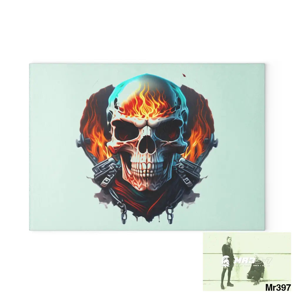 Flaming biker Skull Graphic Glass Cutting Board 8’’ x 11’’ / Rectangle Home Decor
