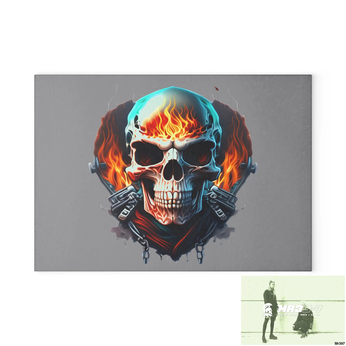 Flaming biker Skull Graphic Glass Cutting Board 8’’ x 11’’ / Rectangle Home Decor