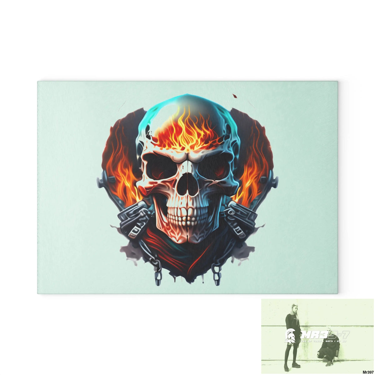 Flaming biker Skull Graphic Glass Cutting Board 8’’ x 11’’ / Rectangle Home Decor