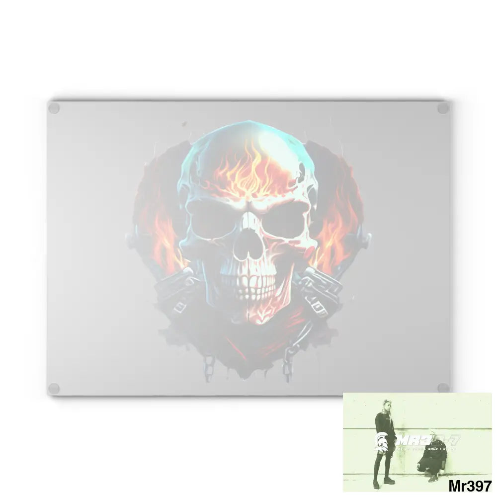 Flaming biker Skull Graphic Glass Cutting Board Home Decor