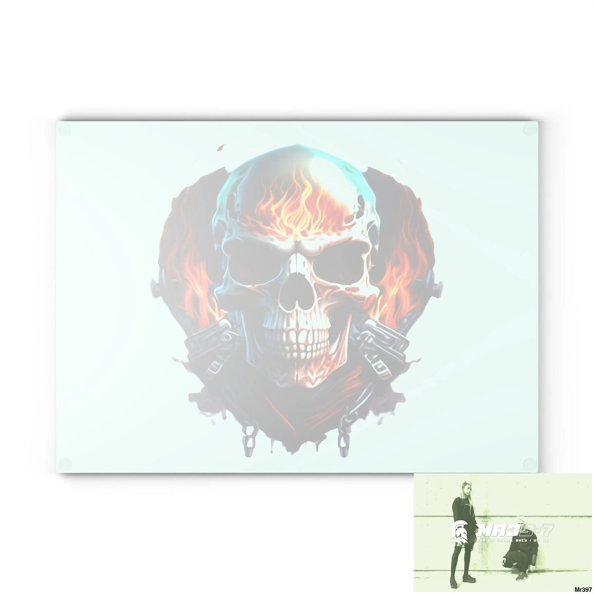 Flaming biker Skull Graphic Glass Cutting Board Home Decor