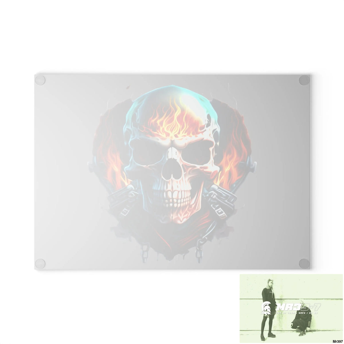 Flaming biker Skull Graphic Glass Cutting Board Home Decor