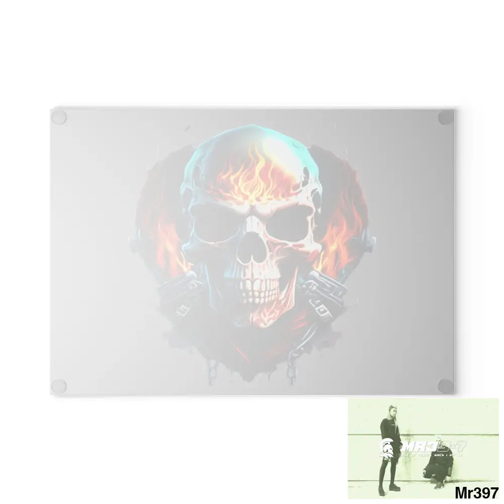 Flaming biker Skull Graphic Glass Cutting Board Home Decor