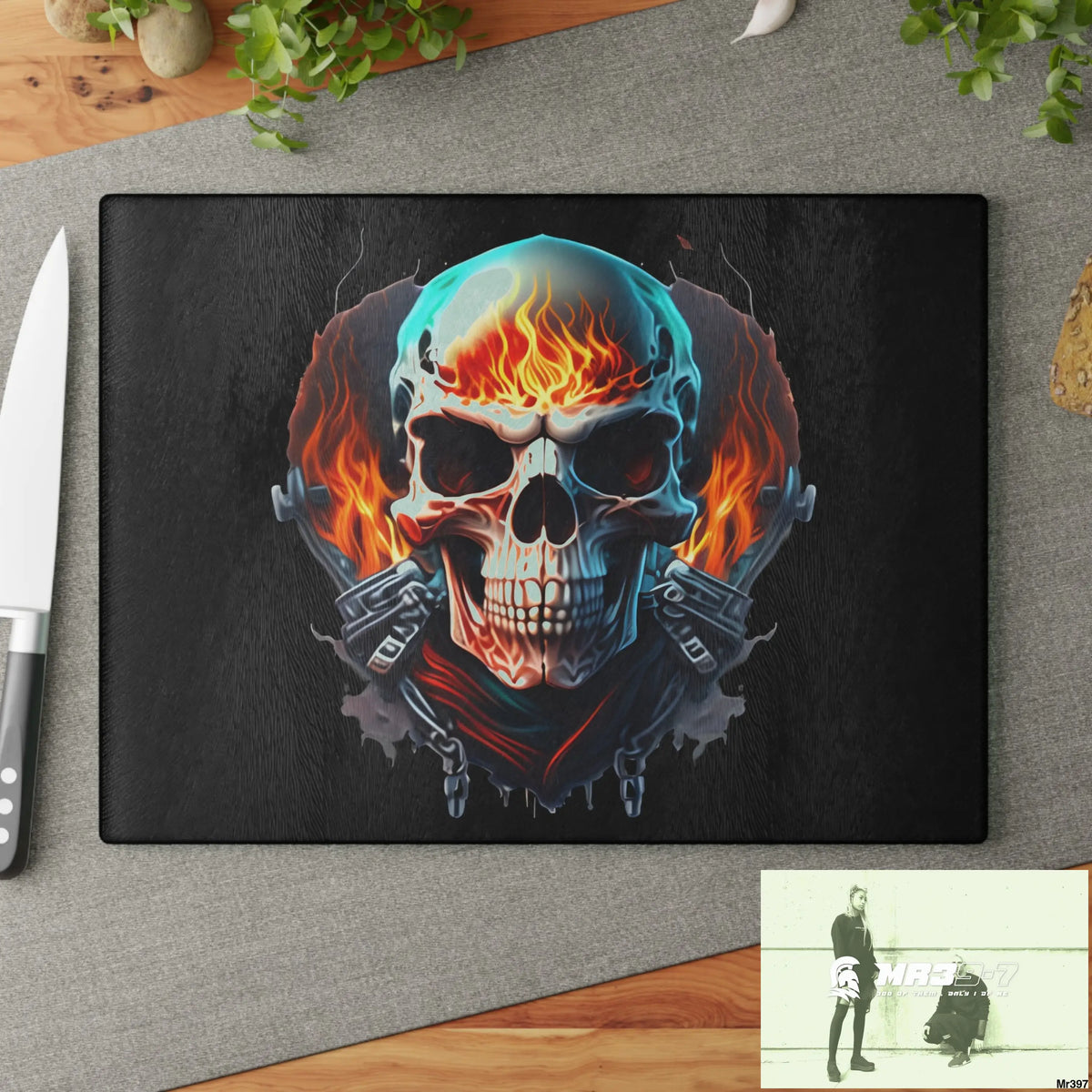 Flaming biker Skull Graphic Glass Cutting Board Home Decor