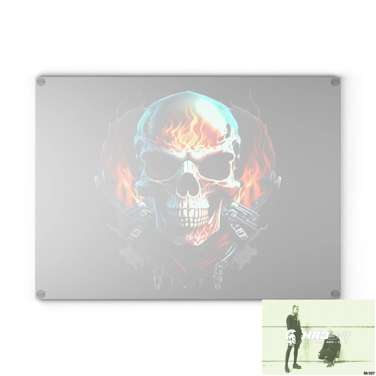 Flaming biker Skull Graphic Glass Cutting Board Home Decor