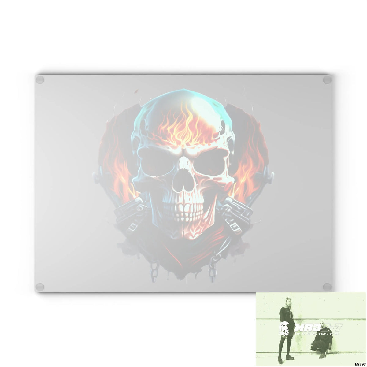 Flaming biker Skull Graphic Glass Cutting Board Home Decor